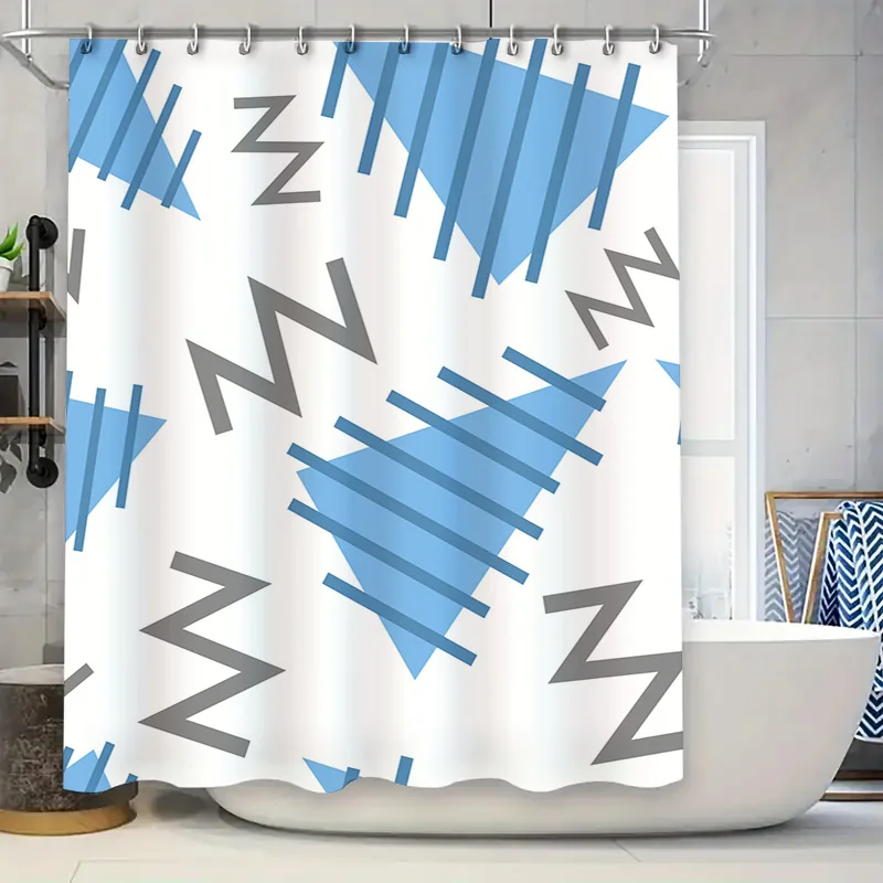 

Занавеска для душа с уникальным геометрическим дизайном, синие, серые полосы с логотипом Zzz для декора ванной комнаты, водостойкая ткань