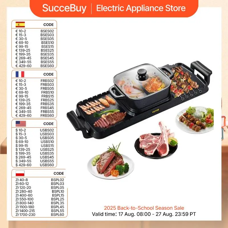 VEVOR Parrilla Eléctrica 2 en 1 para Ollas Calientes 2,8 L Olla Doble Parrilla Eléctrica para Barbacoa 800W (Olla Caliente) +1600W (Parrilla) Parrilla Eléctrica para Cocinar Filetes, Verduras 180-240℃