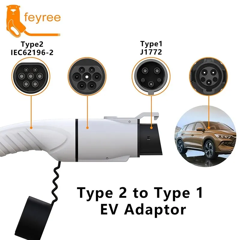 Feyree EV Charger Adapter Type2 to Type1 Car Charging Socket AC Charger Adapter 32A 1Phase 3.5KW 7KW Max for Electric Car