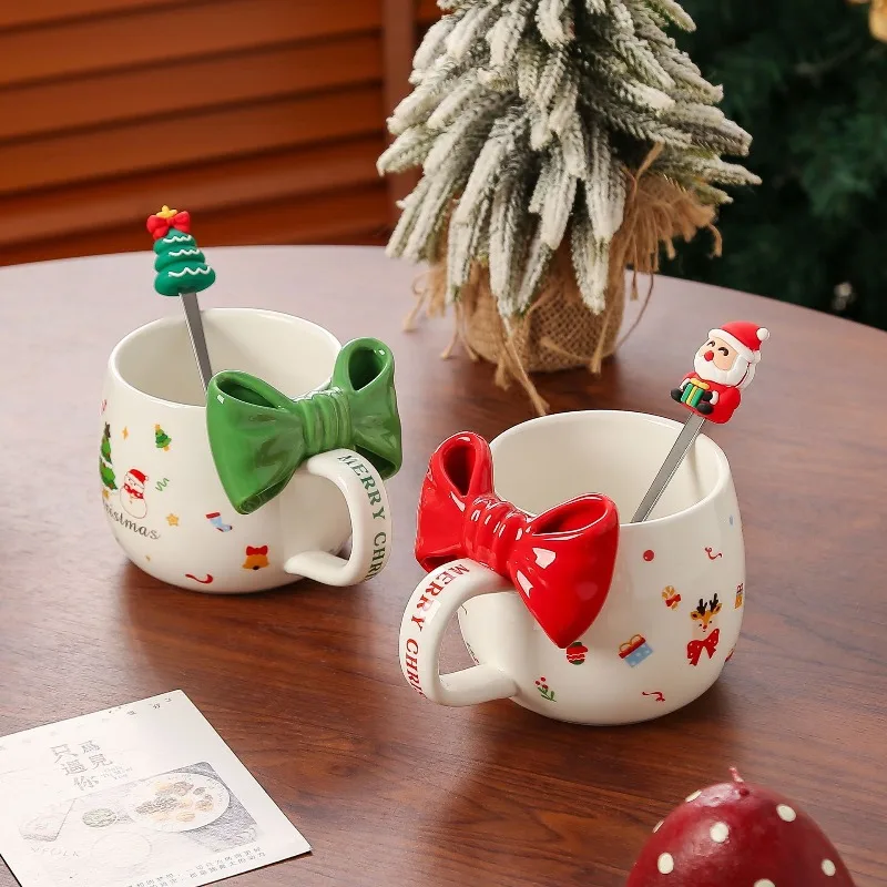 

Hot Christmas Ceramic Cup Cute Bow Makeup Coffee Cup Home Office Christmas Gift High Beauty Water Cup Handheld Gift