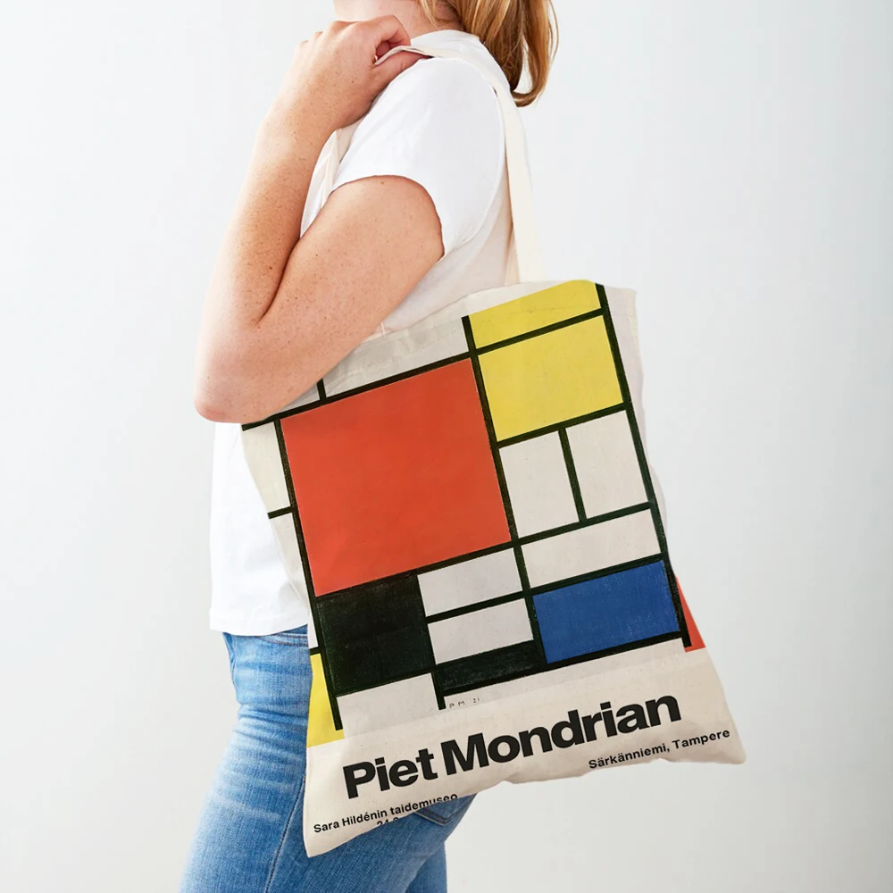 Piet Mondrian linea geometrica Color Block doppia stampa Shopping Bag donna Shopper borse Lady Canvas Tote borsa da viaggio riutilizzabile