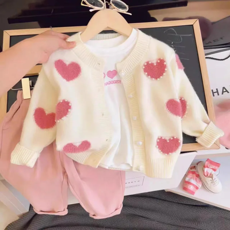 

Western Style Spring and Autumn Baby Girl's Love Cardigan Sweater Bottoming Shirt Jeans Three-Piece Set Children's Suit