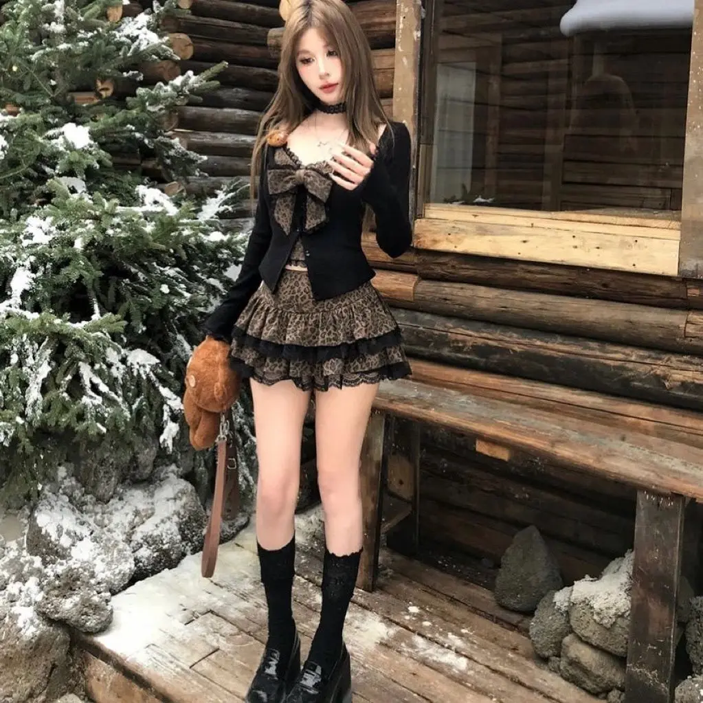 

Осень/Зима, пикантная девушка, леопардовый узор, бант, утягивающее кружевное пальто с длинными рукавами, топ, короткая юбка, комплект из двух предметов, женская одежда