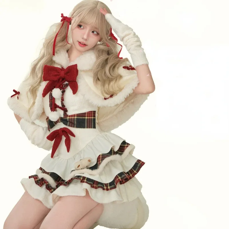 Inverno kawaii lolita vestido define feminino arco com capuz xale jaquetas curtas xadrez retalhos mini vestidos coreano natal ano novo terno