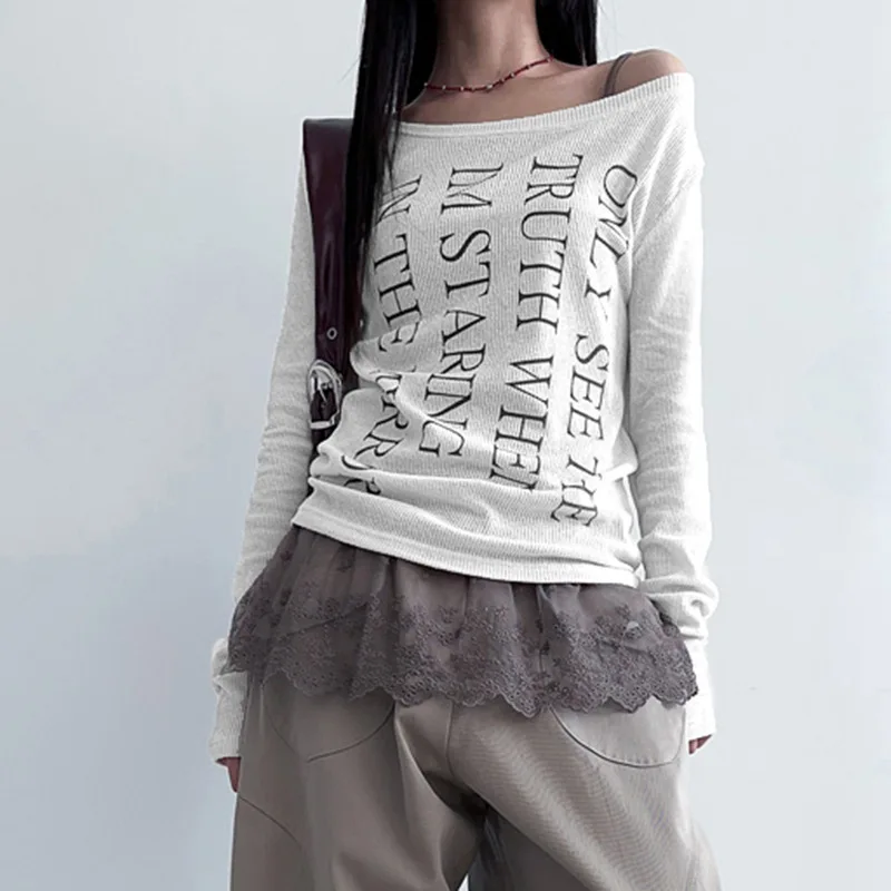 

Y2K American Spicy Girl Street с буквенным принтом и наклонным вырезом, свободный топ, сексуальная повседневная футболка с открытыми плечами и длинными рукавами