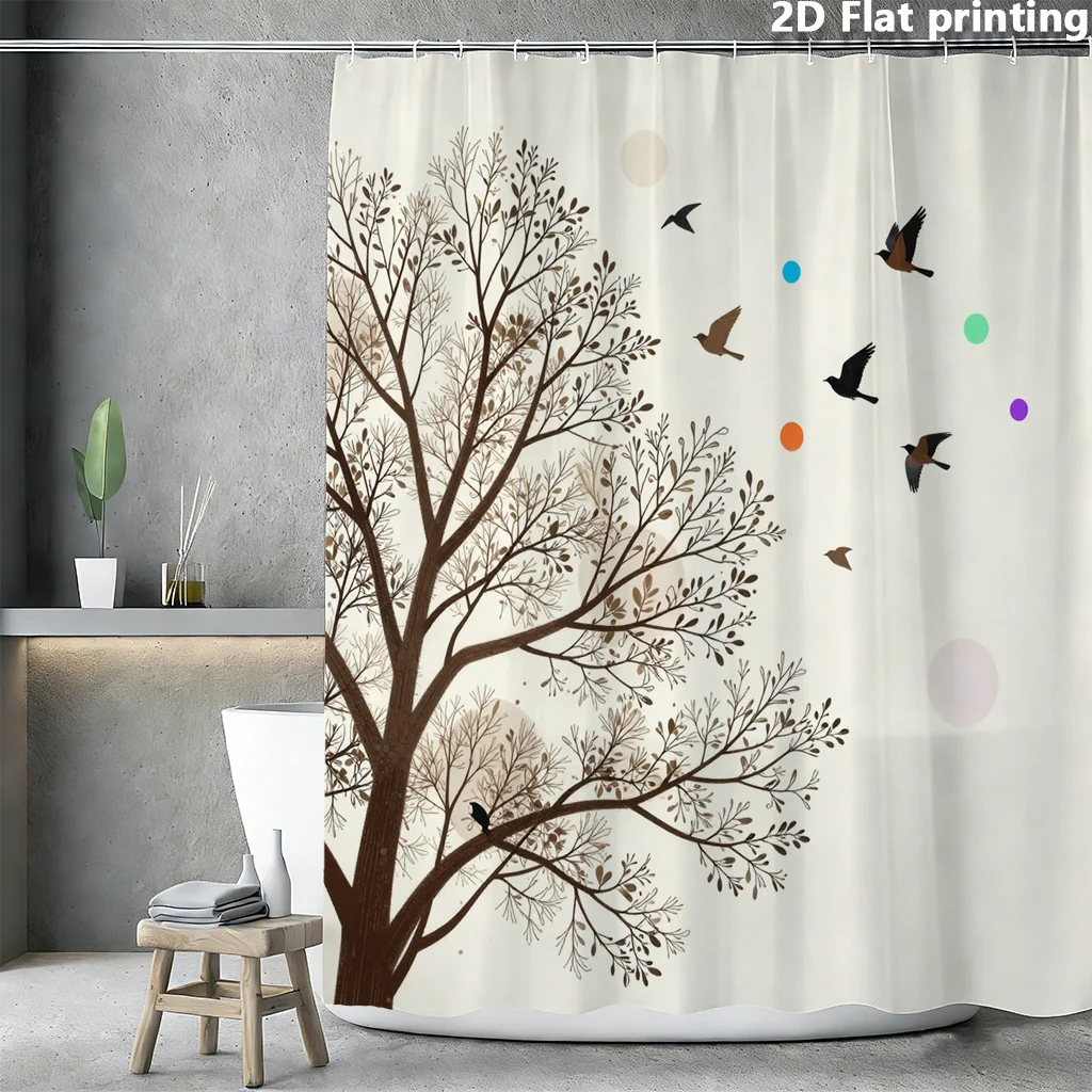 

Boho Nature Tree Print Shower Curtain Waterproof Bathroom Decor Woodland Botanical Leaf Forest Mural Curtain 180x180cm Home Show