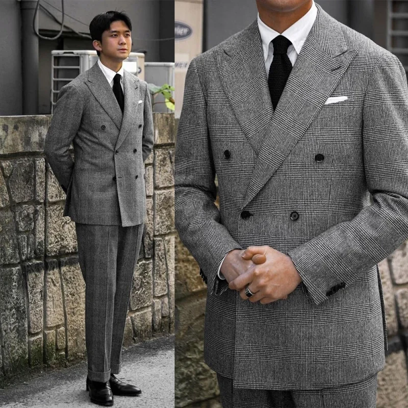 

Vintage Check Men Suits Set Modern Double Breasted Tuxedos Slim Fit Smart Casual Peaked Lapel Jacket 2 Piece Formal Dress