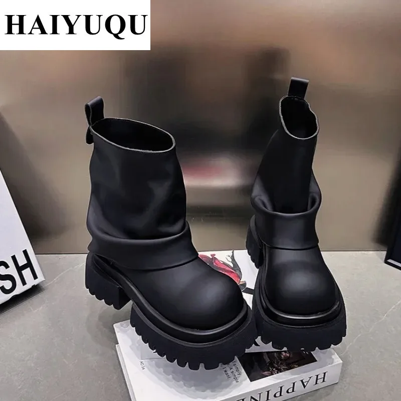 Botki damskie buty do kolan skórzane buty na platformie Chunky Snow Design 2024 Trend motocykl jesień Punk Goth Botas Mujer