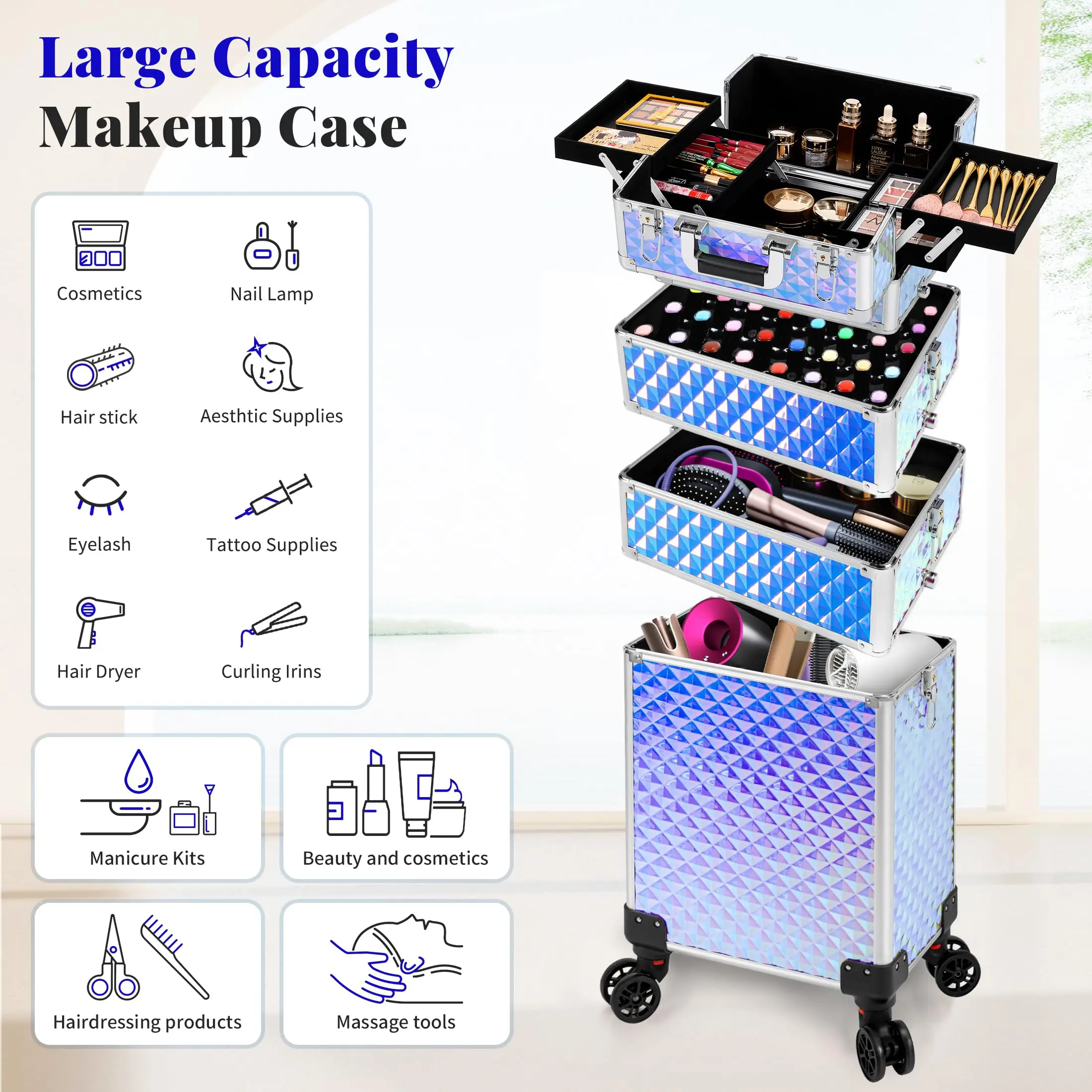 Rolling Makeup Train Case 4 in 1 Detachable Large Capacity Makeup Travel Case with Key Salon Barber Cases Traveling Cart Trunk
