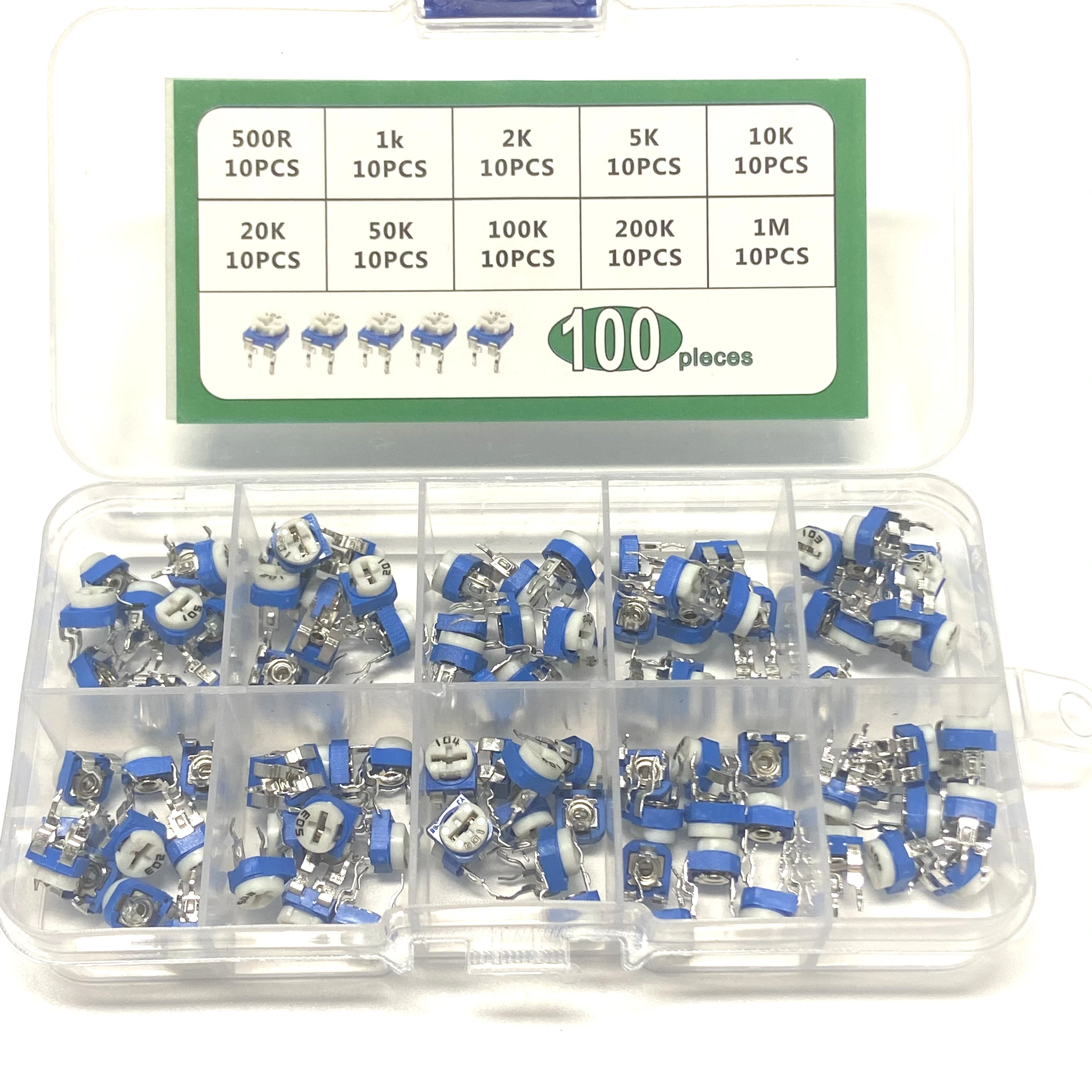 100Pcs/Box RM065 Variable Resistor Carbon Film Horizontal Trimpot Potentiometer Assortment Kit  RM065 10Values 500R - 1M