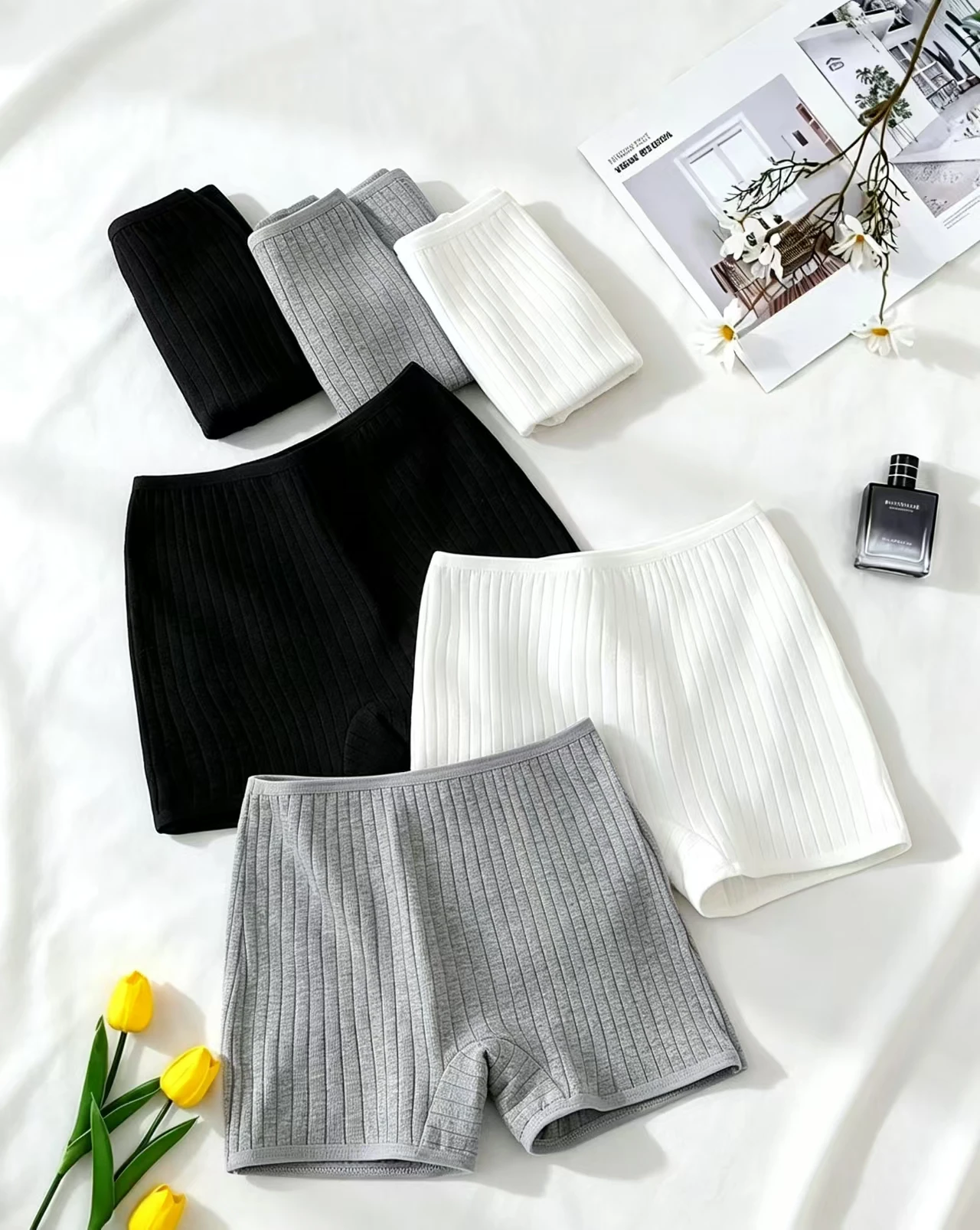 6-piece set of girls' ribbed basic cotton leggings and boxer briefs in black, white, and gray, suitable for both inner and outer wear