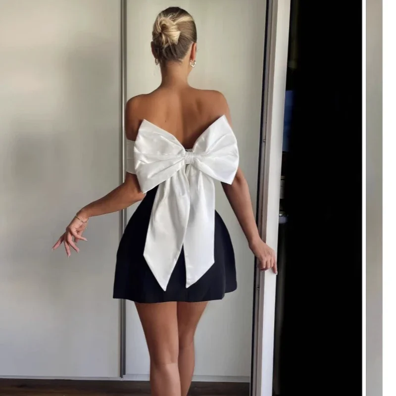 

Elegant Back 3d Bow Clash Color Dress Sexy Splicing Sleeveless Strapless Backless High Waist Dresses Fashion Party Club Dresses