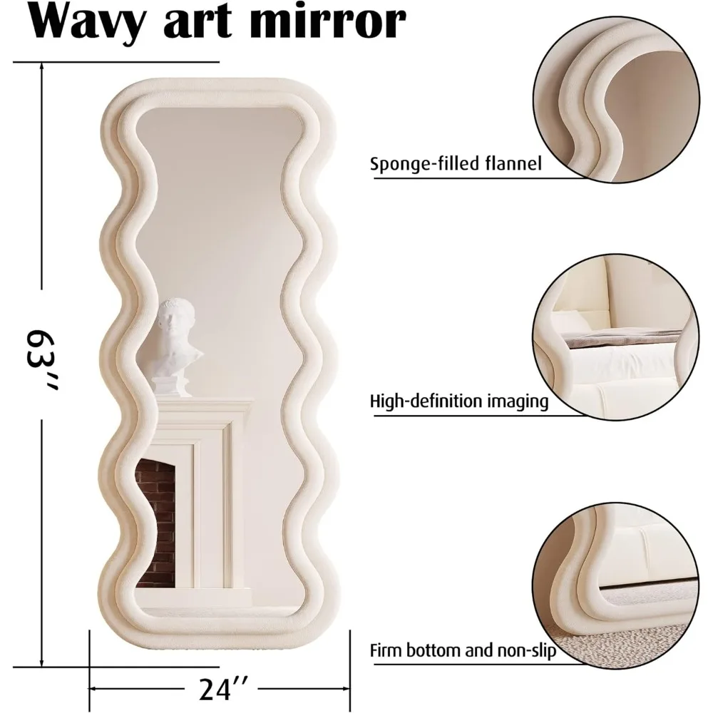 Full-Length Wavy Mirror 63x24 Inches - Flannel Wrapped Wooden Frame for Bedroom, Suitable for Standing, Hanging, or Leaning Agai