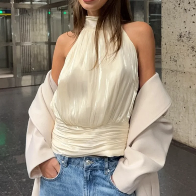 

2026 spring new gold and silver silk neck and waist small vest women's sexy off-the-shoulder irregular temperament top