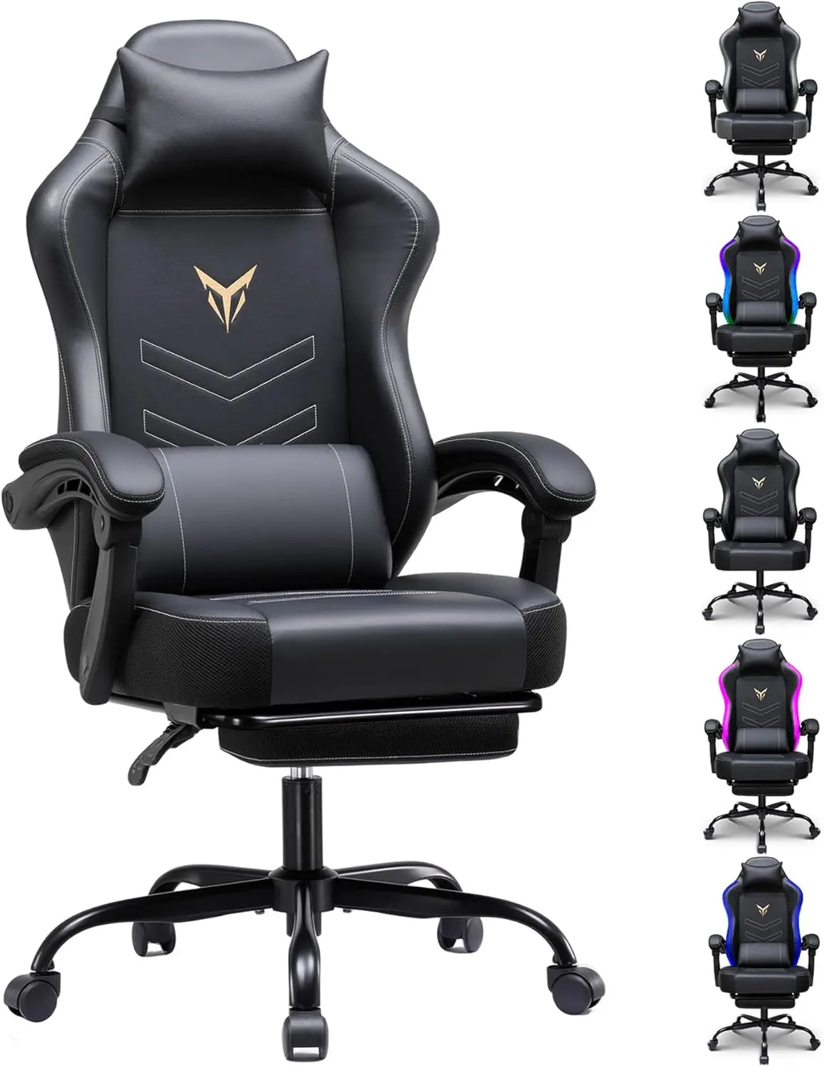 Ergonomic High Back Gaming Chair with Footrest, Adjustable Headrest & Lumbar Support, 300lbs Capacity, Black Leather