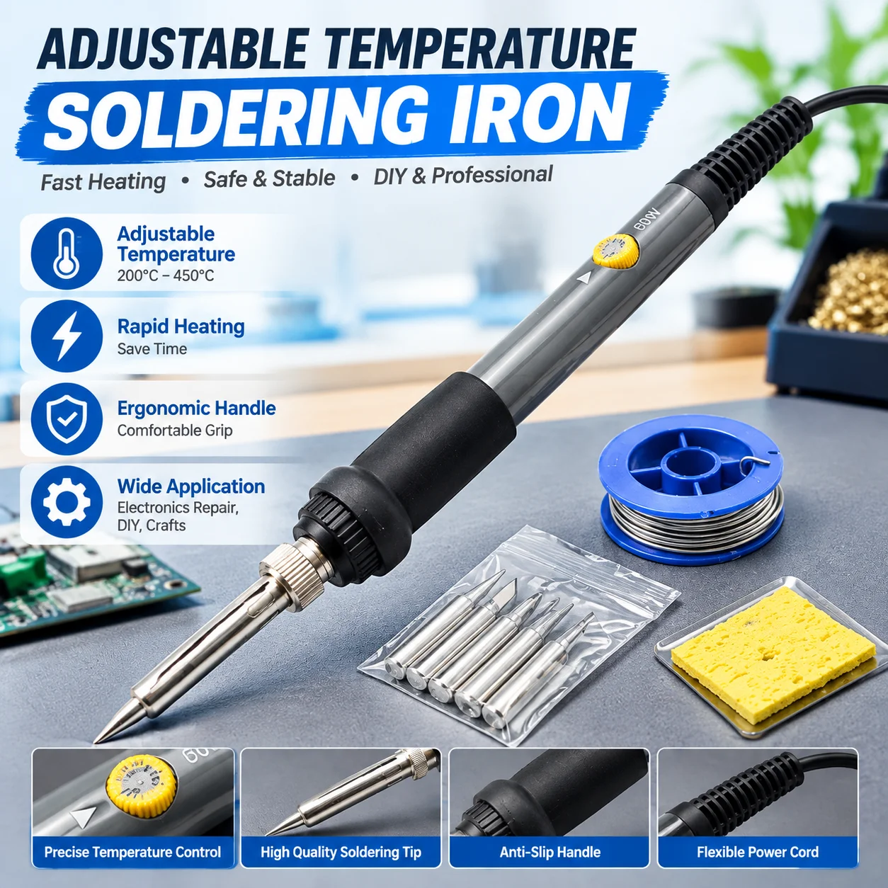 1/5pcs 60W Adjustable Temperature Electric Soldering Iron EU 220V Welding Iron Rework Station Heat Pen Tips DIY for Repairing