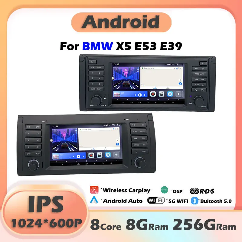 1024*600P For BMW X5 E53 E39 IPS 7\'\' Android 14 Car Radio Multimedia Player Screen Carplay Autoradio Navigation GPS Stereo