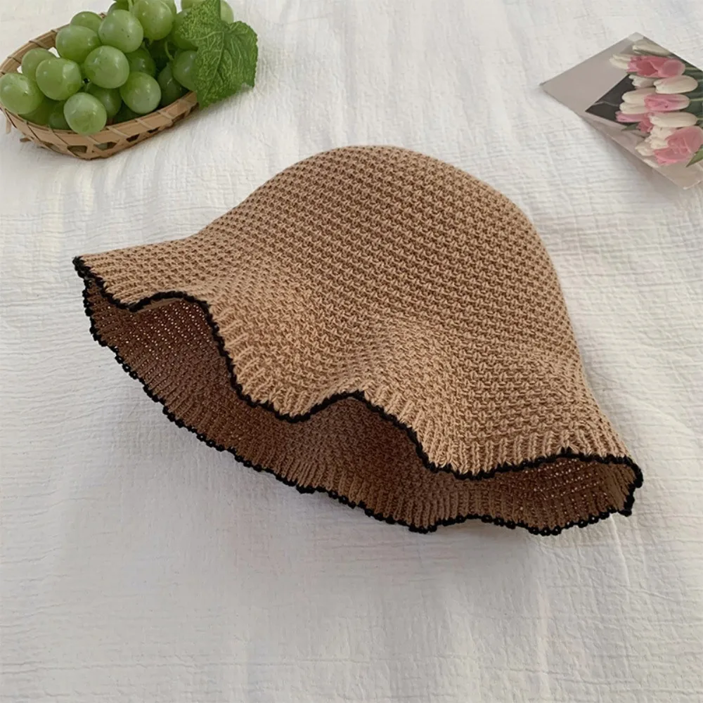 

Fashion Sweet Straw Sun Hat French Style Temperament Seaside Beach Cap Visor Cap Hollow Out Knitted Bucket Hat Lady
