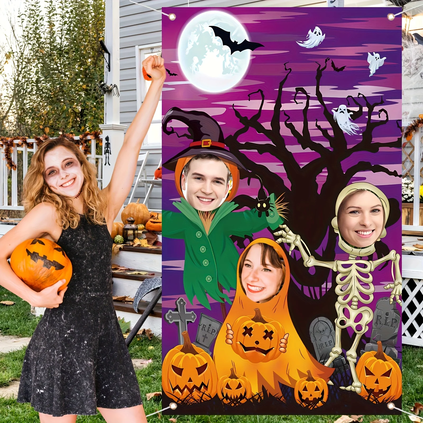 Halloween-Fotokabinen-Banner – Ghost Party dekoriert mit Kürbis, Totenkopf, Fledermaus, Mond – Halloween-Party, Spukhaus