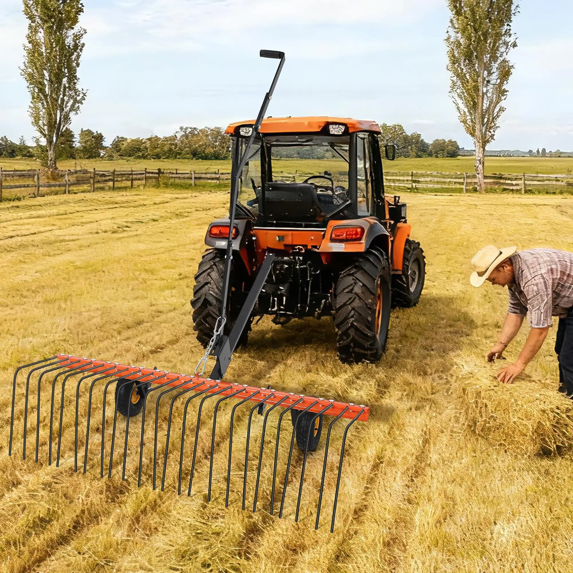 

60" Tow Behind Lawn Dethatcher For ATV UTV, Heavy Duty Steel Pine Straw Rake With 24 Spring Steel Tines & Adjustable Handle