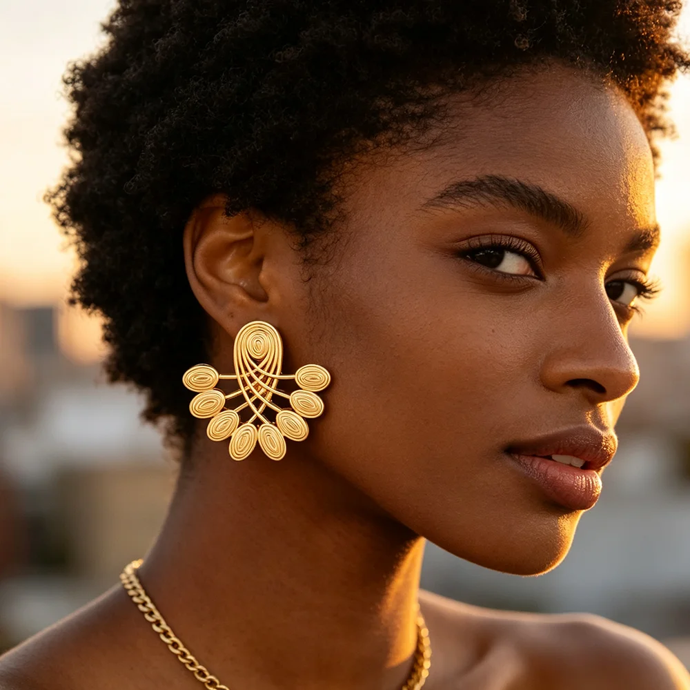 Vintage 18K vergoldetes florales geflochtenes Ohrringe-Ring-Set für Damen, afrikanischer ethnischer Statement-Schmuck, Hochzeitsgeschenk – Detail 3
