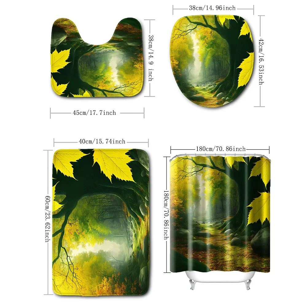 4-piece set of natural landscape prints on large trees, 12 hook waterproof shower curtain, bathroom floor mat, U-shaped mat