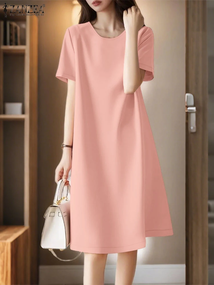 2025 ZANZEA Estate Casual O Collo Manica Corta Vestito Estivo Donna Abito di Colore Solido Elegante Lavoro Abiti Midi Allentato Vestido Sarafans