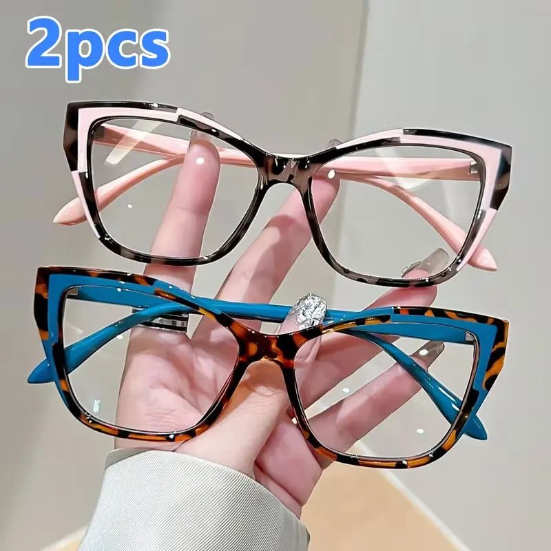 2-Pack of New Stylish Cat-Eye Color-Blocked High-Quality Women's Trendy Elegant Luxury Reading Glasses, High-End Youthful Artistic Ultra-Light Anti-Blue Light Reading Glasses, Computer/Tv/Mobile Phone Reading Glasses, Fashionable and Comfortable for Daily Wear