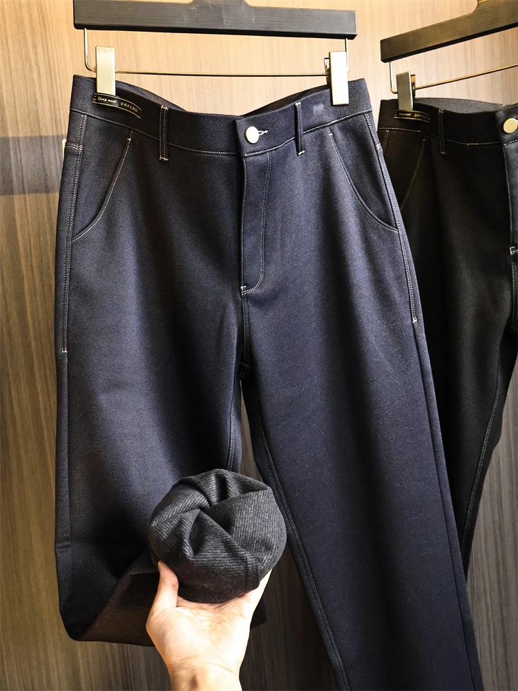 

Теплые шерстяные повседневные брюки для мужчин, прямые брюки с завышенной талией, смешанное волокно на подкладке, осень-зима, модный базовый цвет