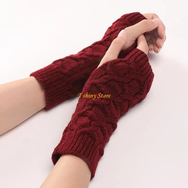 

N58F Knitted Gloves Wrist Length Fingerless Gloves with Thumb Hole Stretchy Mittens