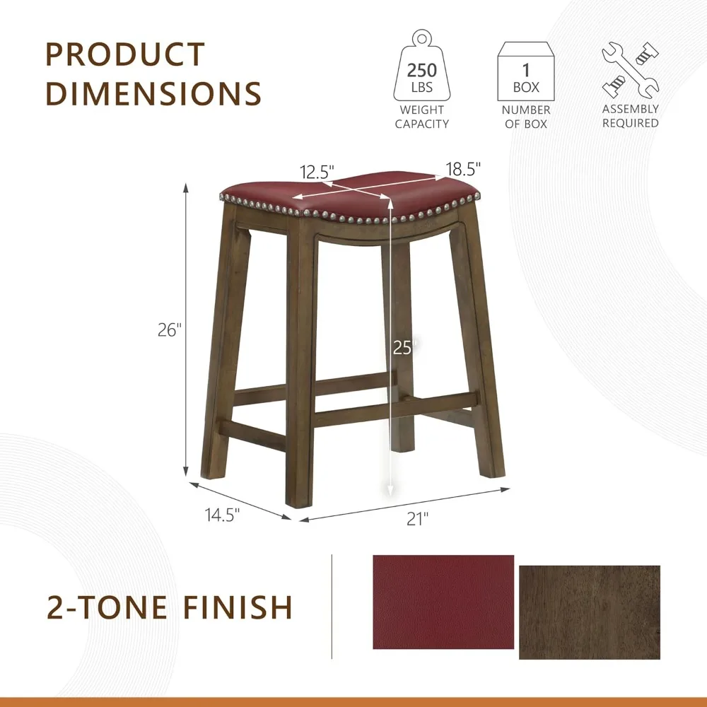 Sgabello da bancone in legno massello rosso - Sgabelli da bar da cucina con sedile a sella da 25 pollici per sala da pranzo e divertimento