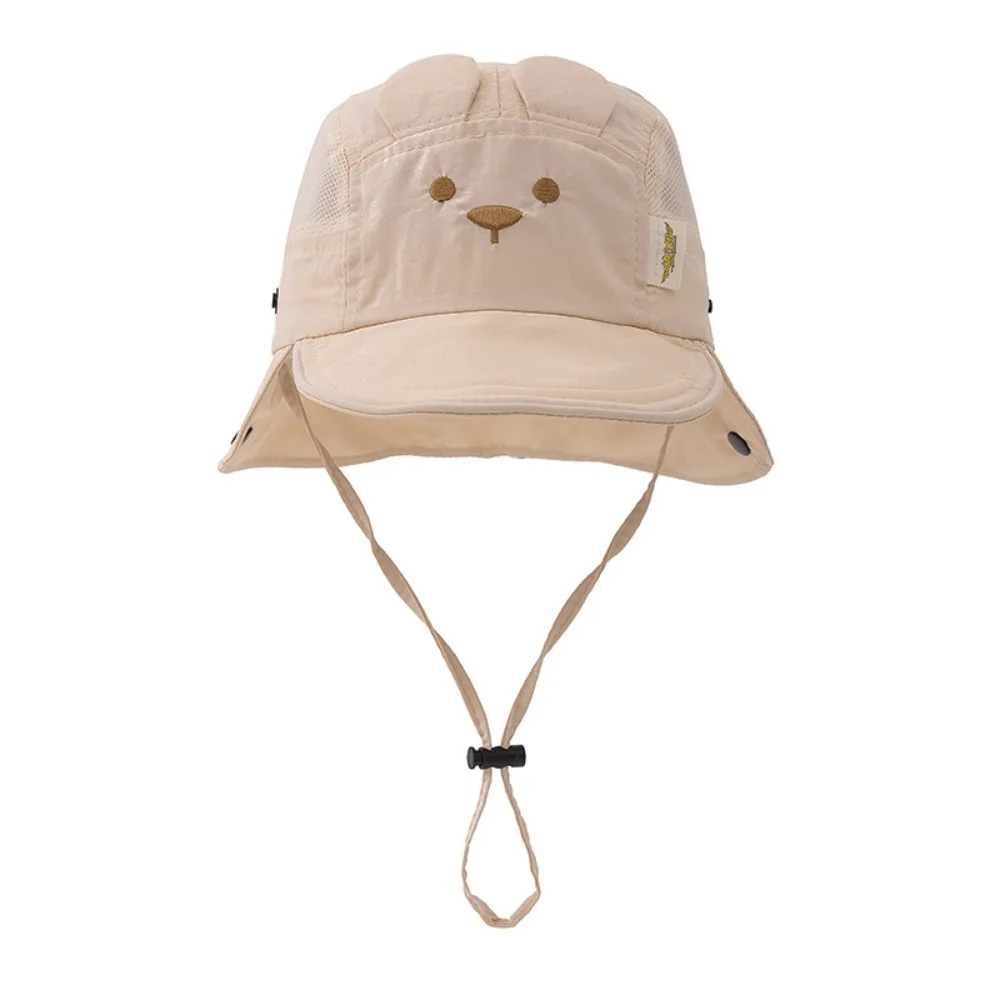 

New Cartoon Bear Ear Summer Baby Hat Embroidery Quick Dry Fisherman Hat Neck Protection Breathable Kids Panama Hat Boys Girls