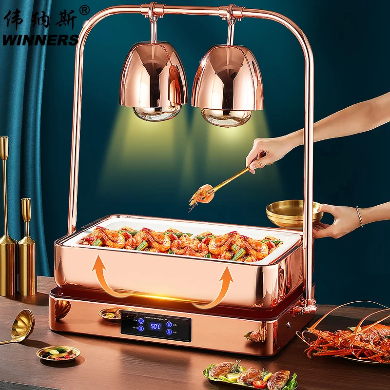 Luxury Rose Gold Stainless Steel Countertop Heat Lamp Food Warming Light Electrical Warming Tray 2 in 1 Buffet Stove