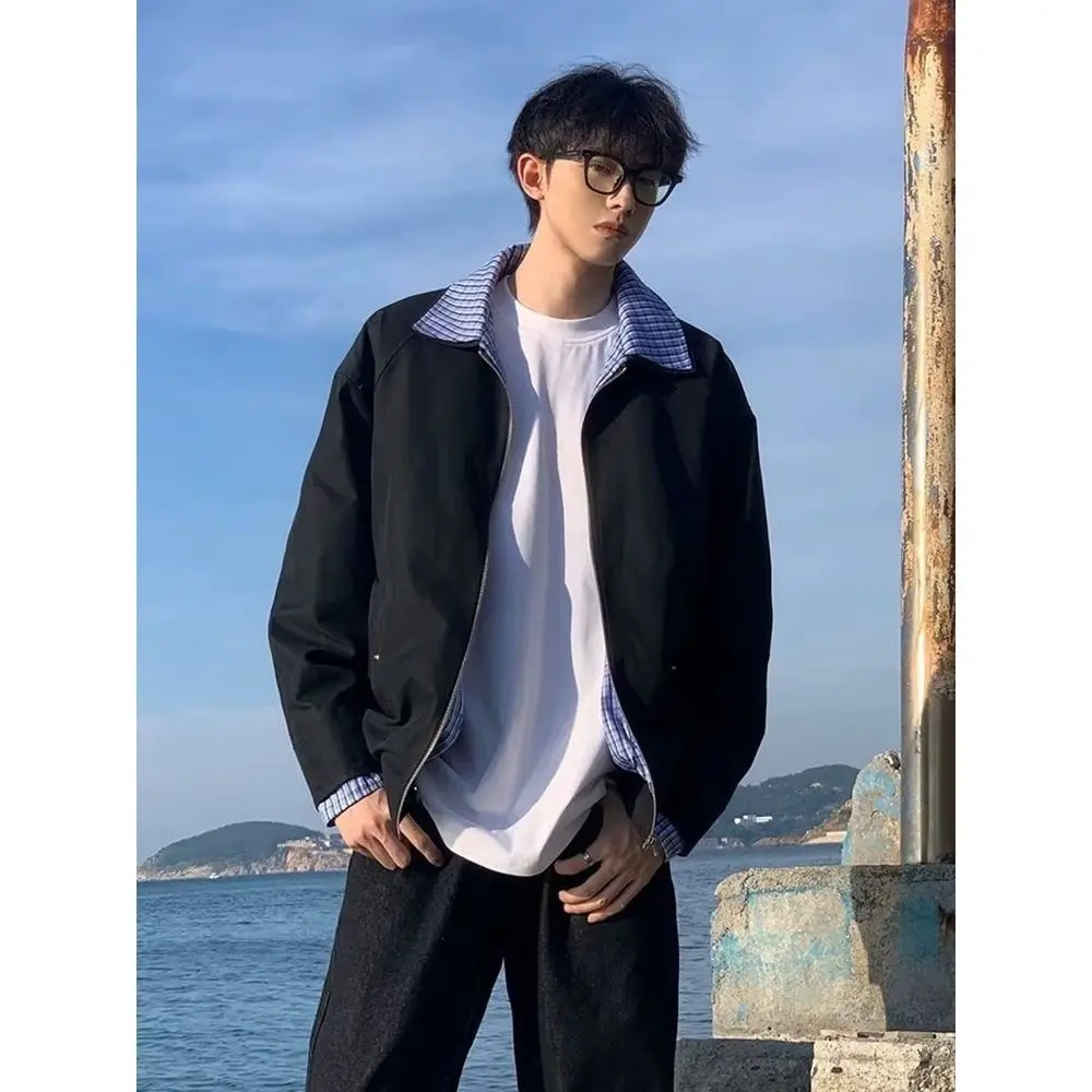 

Ele American Retro College Sle ort Jaet Men's Faion Fake Two-Piece Outerwear Korean High-End Feeling Top