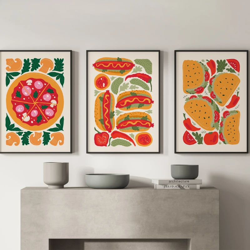 3pcs Aesthetic Kitchen Food-Themed Posters Pizza, Hot Dogs, and Cake Frameless Canvas Prints Kitchen, Bar, and Home Decor Gift