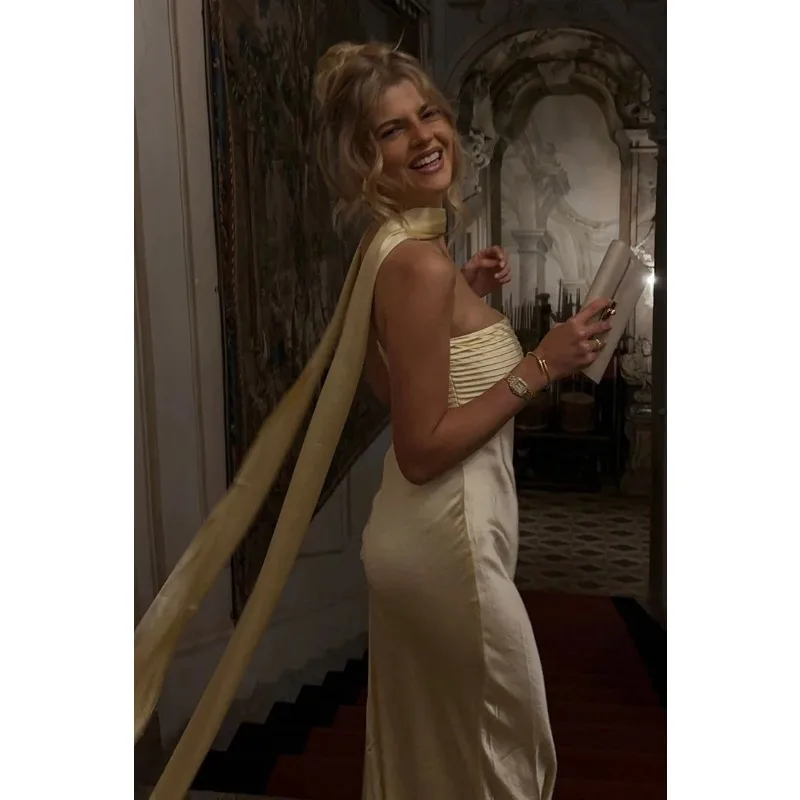 Abito da cocktail elegante da donna in tubino di raso Abito lungo da sera a sirena con spalle scoperte increspato per celebrità con nastro