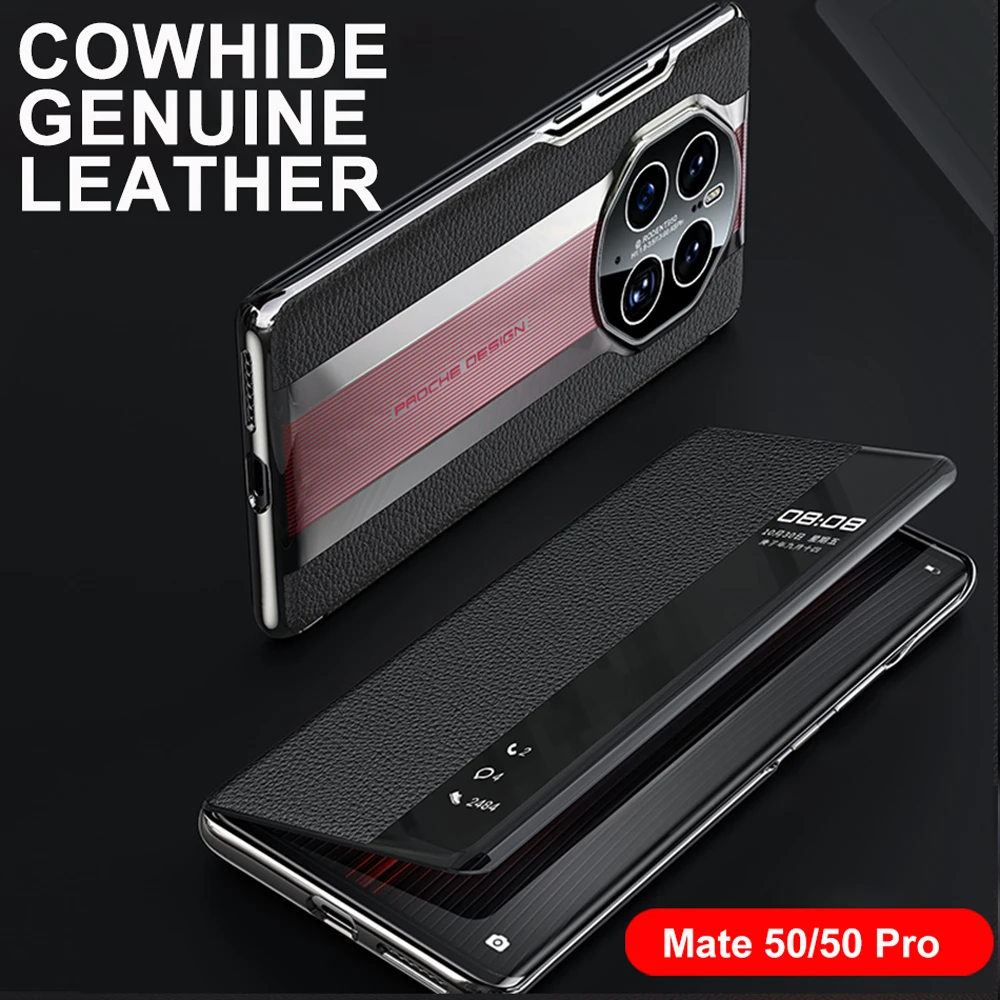 Original Natural Leather Flip Cover For Huawei Mate 50 Pro Smart Touch View Protect Porsche design Shockproof Case For Mate50