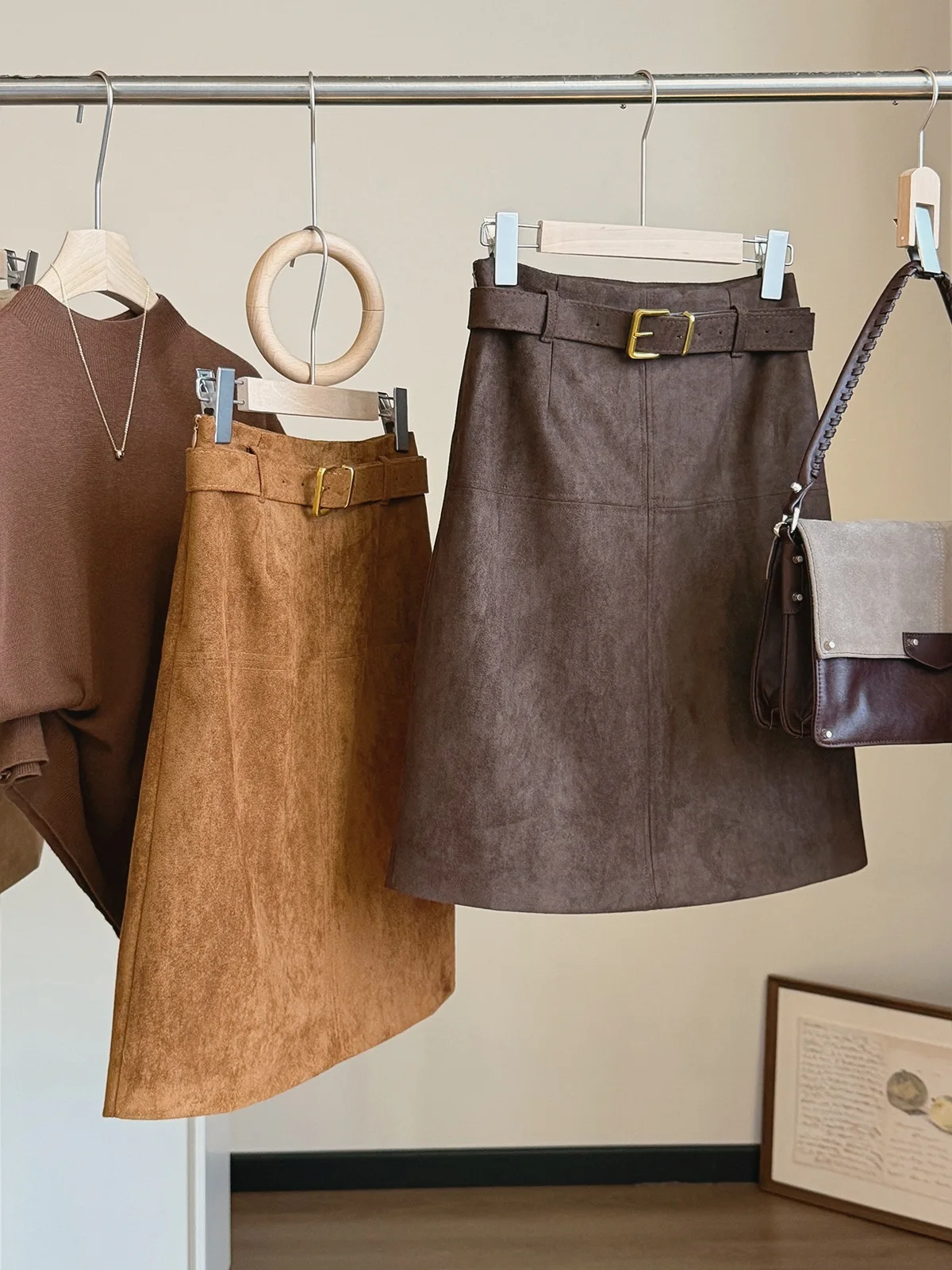 Women Coffee Suede Midi Pencil Skirt With Belt Back Slit High Waist Solid Vintage Elegant Fall Winter Skirt Office Commute Skirt
