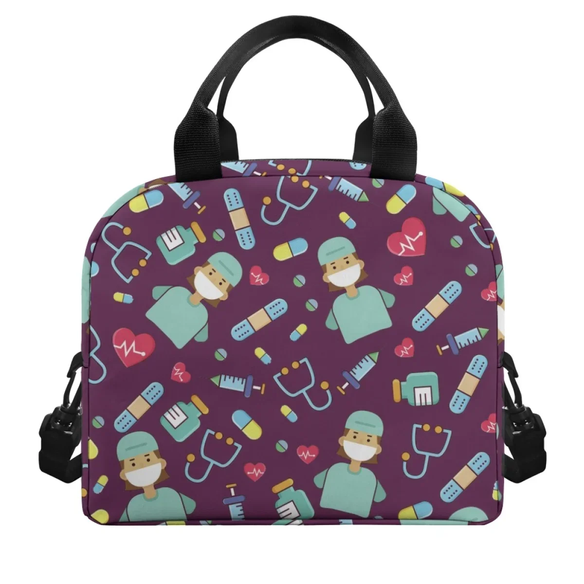 Hot Sales Kawaii Purple Doctor Heart Tool Pattern Gril Boys Insulated Lunch Bag Front Pocket Double Layer Outdoor Travel Satchel