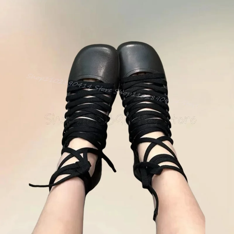 Black Round Toe Matte Leather Twine Pumps Lace Up Women Shoes Low Top Fashionable Party Banquet Office 2024 Zapatos Para Mujere