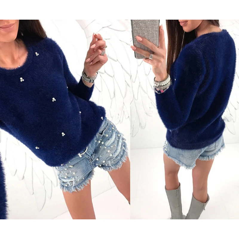 Bigsweety Women Plush Beading Sweater Autumn Winter 2022 Fashion Rabbit Fur O-Neck Long Sleeve Pullovers Pull Femme Hiver