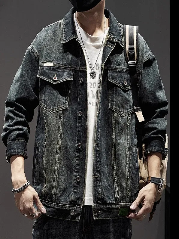 

Ретро-джинсовая куртка в американском стиле для мужчин, весна-осень, новая, с эффектом потертости, больших размеров, для полных мужчин, свободного кроя, с длинными рукавами