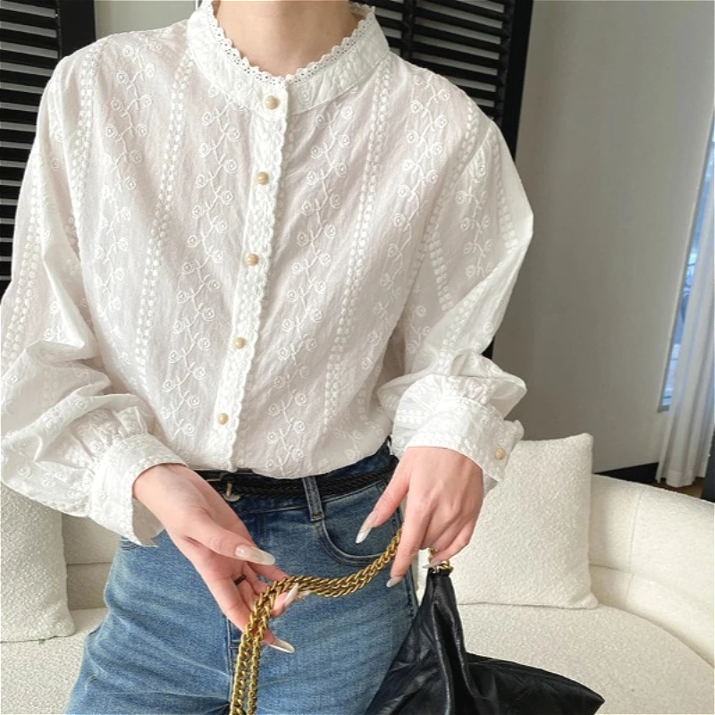 

Blouses Women Shirt Top Stand Collar Full Sleeve Tops Tight Waist Slim Fit Y2k Streetwear Elegant Splice Shirts 2026 Spring