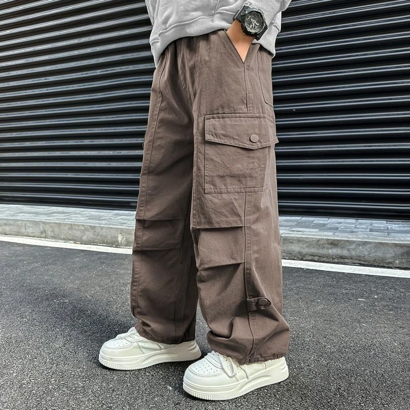 

2026 Boys‘ Cotton Straight Cargo Pants for Spring, Loose Wide Leg Trousers for Kids, Breathable Summer Bottoms New Arrival