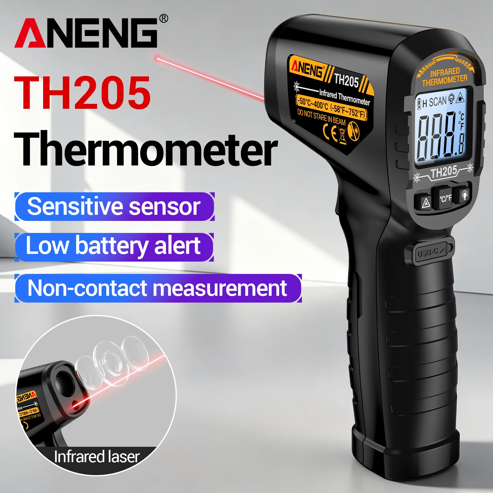 ANENG TH205 Digital Infrared Thermometer Non-contact Temp Gun -50℃~400℃ Laser 12:1 Backlight Rechargeable Industrial Pyrometer