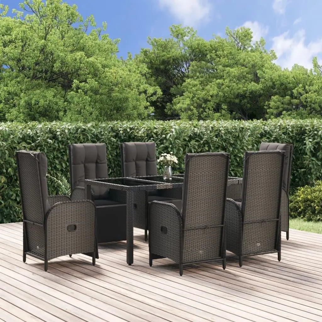 7-Piece Patio Dining Set with Cushions - Black & Gray Poly Rattan Outdoor Furniture