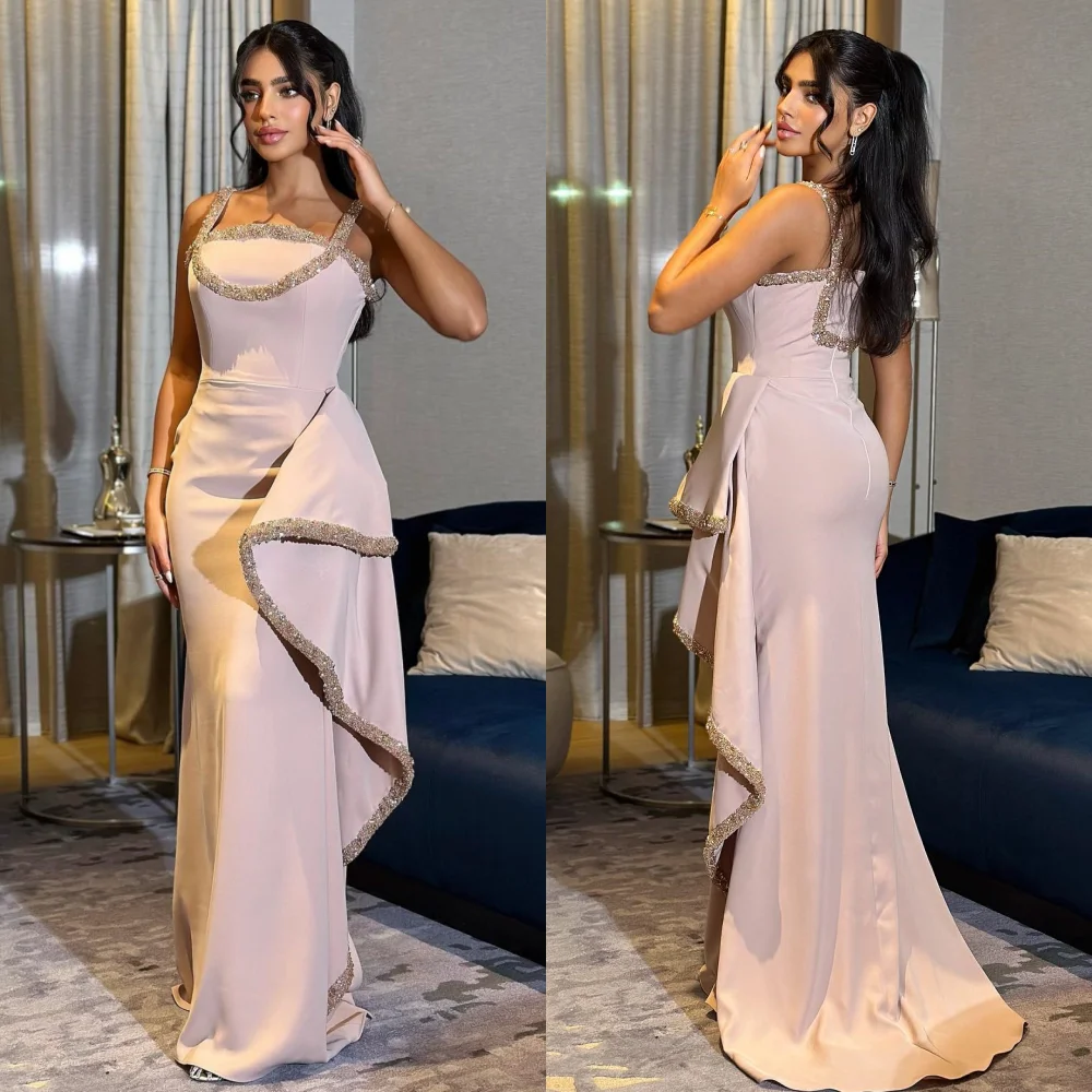 

Customized High Quality Jersey Pleat Sequined Mermaid Square Neck Long Dresses Bespoke Occasion Party Sizes Available