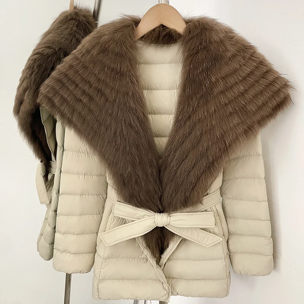 OFTBUY Daunenjacke mit echtem Fuchsfellkragen, leichte, gesteppte Damenjacke, kurze Daunenjacke mit Gürtel, neuer Winter-Puffermantel für Damen – Detail 12