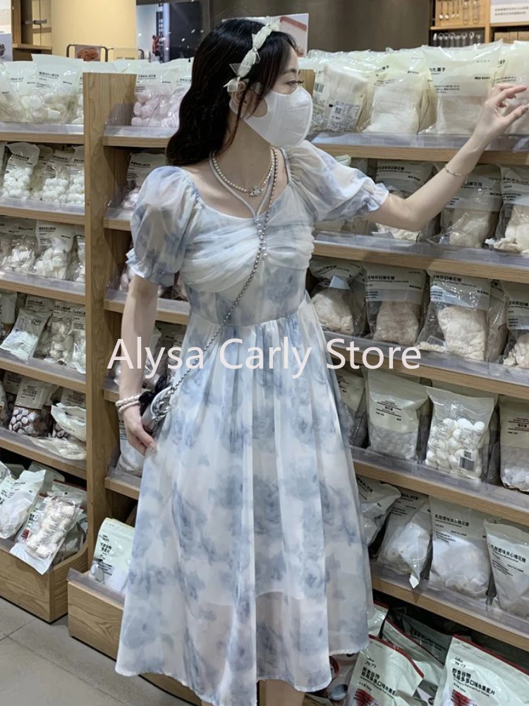 Casual Elegant Long Floral Dress Women Puff Sleeve Vintage Korean Fairy Dress Female 2024 Summer Beach Vacation Party Dress Chic