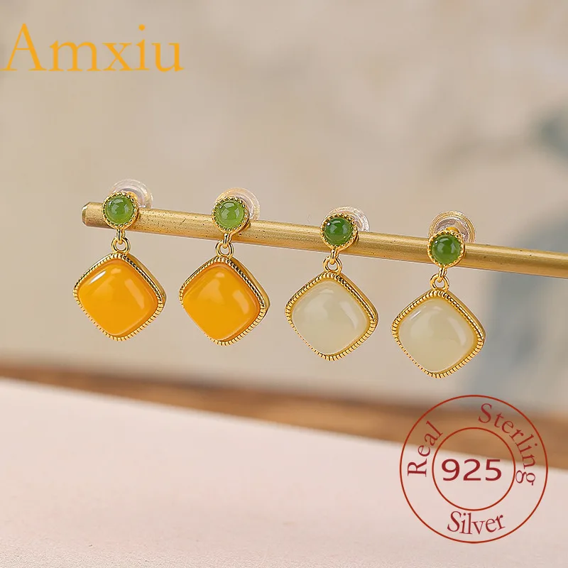 

Amxiu, стерлинговое серебро 925, нефрит Hetian, яшма, янтарный ромб, круглые геометрические простые серьги-гвоздики